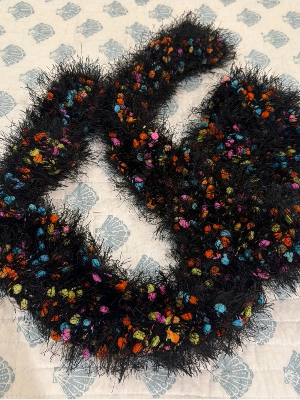 Fuzzy Black Eyelash Scarf with Multicolor Pom Accents - Women's Accessory Y2K